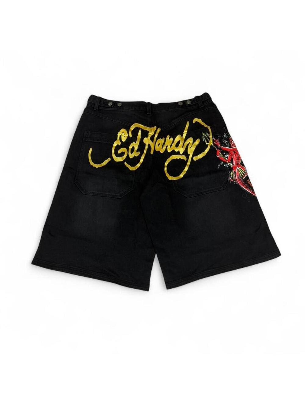 Ed Hardy black denim baggy shorts with devil queen design
